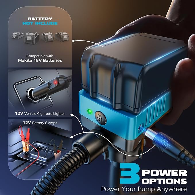 DIYtoolifz 5 GPM Cordless Fuel Transfer Pump with Auto Shut-Off & Beep Alert, Compatible with Makita 18V Batteries, Portable Gas Can Pump for Gasoline, Diesel, 51" Hose & 5 Adapters (Bare Tool)