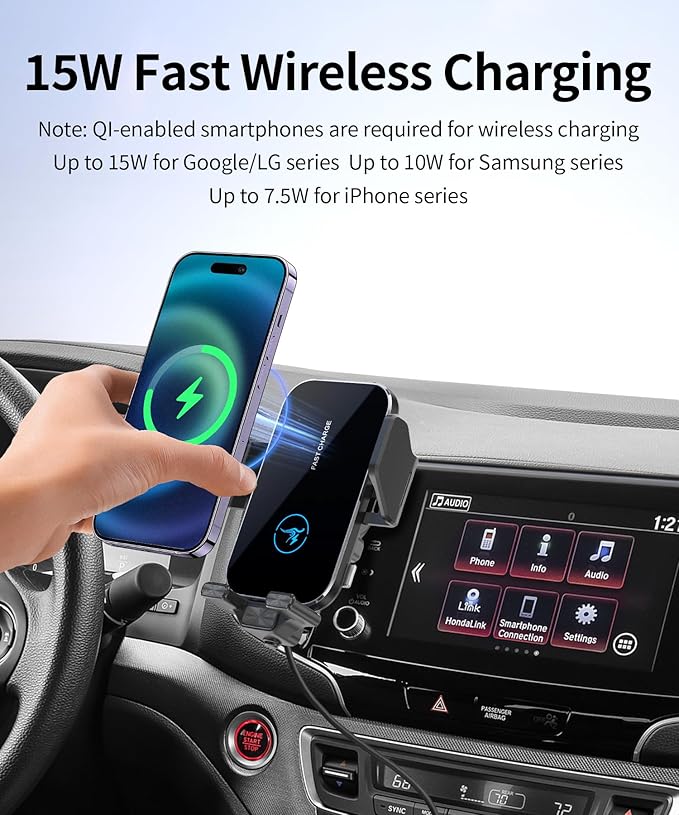 15W Wireless Fast Charger for 2016-2020 Honda Pilot/2019-2020 Passport/2017-2020 Ridgeline Accessories 5/8-inch Screen Fixed Clip, Interior Decoration Mobile Phone Mount, 360° Rotation