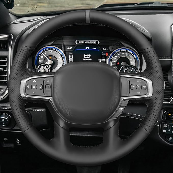 MEWANT Hand-Stitched Steering Wheel Cover Wrap for Dodge Ram 1500 2019-2023 Steering Wheel Accessories for Dodge Ram(Backsides Without Buttons)