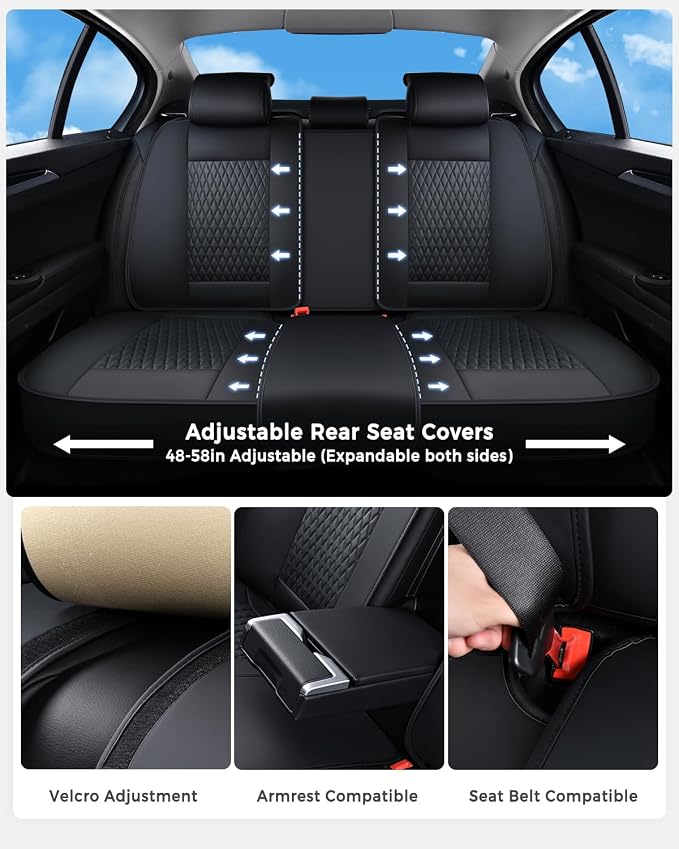 Huidasource Seat Covers, Luxury Nappa Leather Car Seat Cover with Velcro Adjustable, Airbag, Lumbar Support, Cooling ＆ Heating, Seat Covers Full Set Universal Fit for Most Cars SUV Trucks, Black