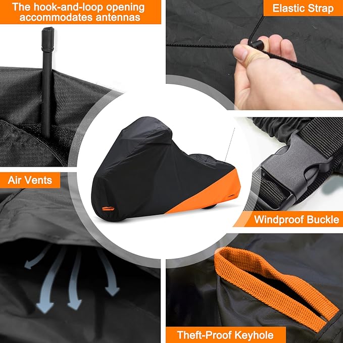 Waterproof Motorcycle Cover for Touring Models Made for Harley Davidson Road King Road Glide Street Glide Electra Glide Low Rider-ST Indoor & Outdoor All Weather Protection (Black & Orange)