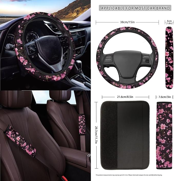 Cherry Blossom Pattern Car Accessories Set of 15, Front Rear Seat Covers Protector Steering Wheel Cover Seatbelt Cushion Trash Can Cup Holders Air Vent Storage Bag