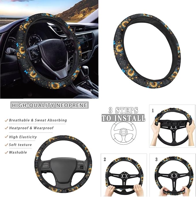 Sunflower Butterfly Daisy Print Car Seat Covers Full Set, Car Accessories Set of 13, Universal Fit Steering Wheel Cover + Safe Belts Cover + Coasters with Notch for Trucks SUV Van