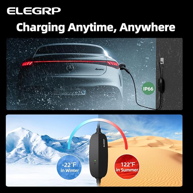 ELEGRP Level 1/2 EV Charger, 16 Amp, Portable J1772 Charger, 25FT Cable, NEMA 6-20 & 5-15 Adapter, Electric Car Charger 110V-240V for BEVs PHEVs, PBE & LRC Technology