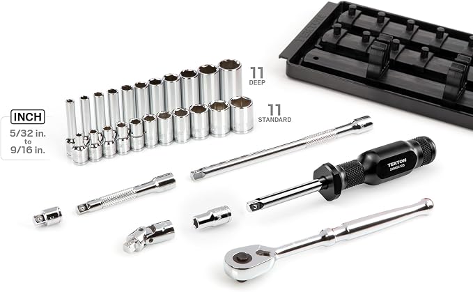 TEKTON 1/4 Inch Drive 6-Point Socket and Ratchet Set with Rails and Tray, 29-Piece (5/32-9/16 in.) | SKT03101