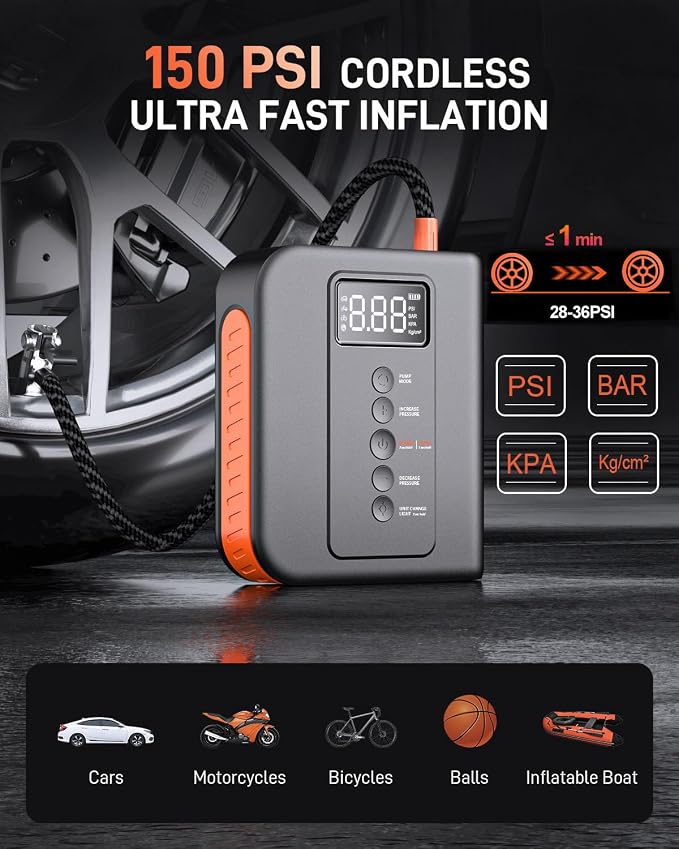 10000 amp Jump Starter with Air Compressor for Car, Battery Portable Power Pack 150PSI Tire Inflotor, USB Charge, LED Light, for All Gas and Up to 8L Diesel Engines Jumper Box