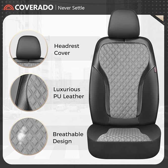 Coverado Car Seat Covers 5 Seats, Leather Seat Covers Full Set, Carbon Fiber Textured Design, Durable Waterproof Seat Protectors, Black&Gray Seat Cover, Automotive Seat Covers Universal Fit Most Cars