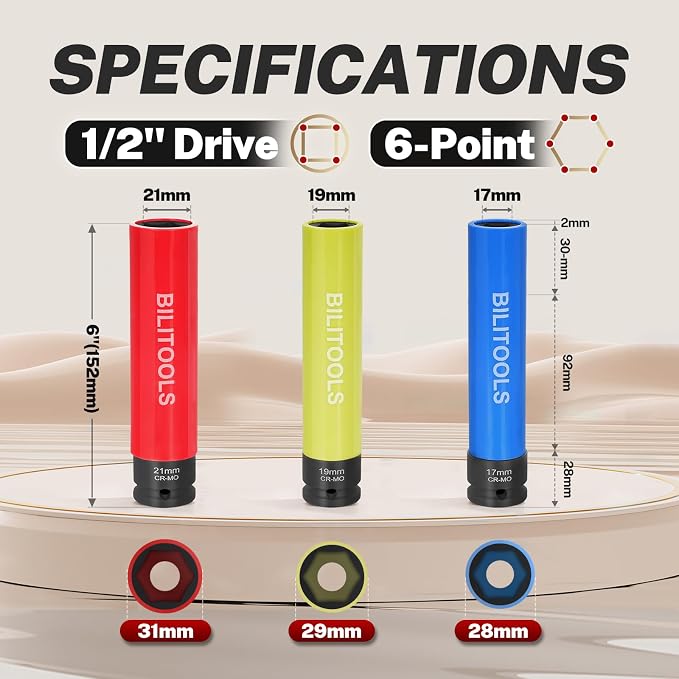 BILITOOLS 1/2 inch Drive Impact Flip Socket Set &Extra Long 6" Lug Nut Socket Set