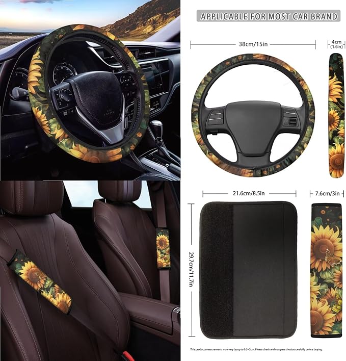 Sunflower Print Car Interior Covers Full Set of 15, High Back Bucket Seat Cover for Cars with Steering Wheel Cover Seatbelt Pads Trash Bag and Car Air Vent Organizer, Auto Decor