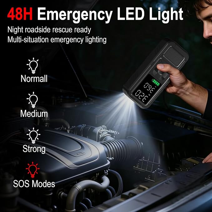 1000A Portable Car Jump Starter with Air Compressor, 150PSI Smart Tire Inflator for Cars, Trucks & SUVs, 12V Battery Booster with LCD, USB-C Fast Charging, LED Emergency Light &