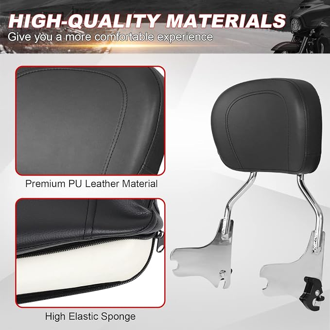 AUFER Detachable Backrest Sissy Bar Upright Passenger Backrest w/Back Rest Pad Compatible With For Touring Road King Electra Glide Street Glide Road Glide FLHR FLHX FLHT FLTR 1997-2008（Chrome）