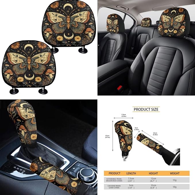 Moon Butterfly Car Seat Covers Full Set 15 Pcs Universal Car Accessories Steering Wheel Cover Seat Belt Pads Garbage Bag Car Headrest Pillow Covers Armrest Pad