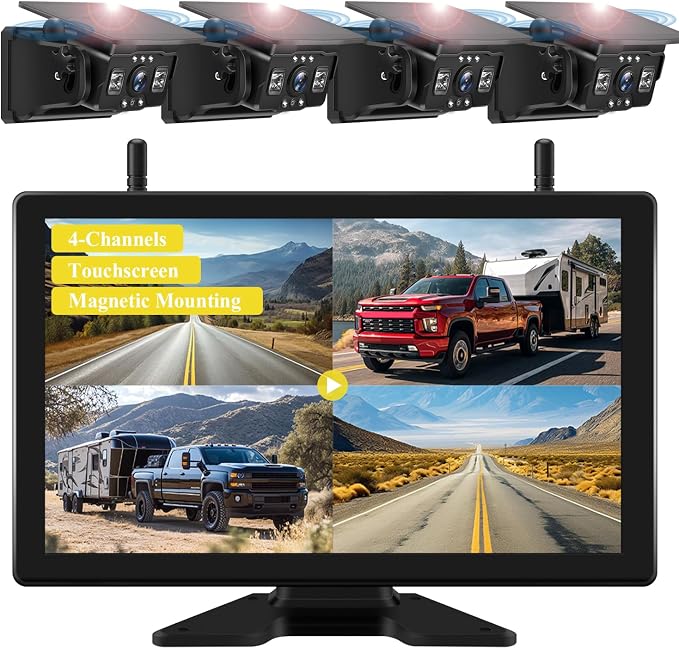 VEKOOTO VK101 4 Magnetic Solar Wireless Backup Camera with 10.1'' Touchscreen Monitor, 15,800mAh Rechargeable, No Wiring, HD1080P Night Vision Wireless Backup Camera for Trucks, RV, Trailer, Camper