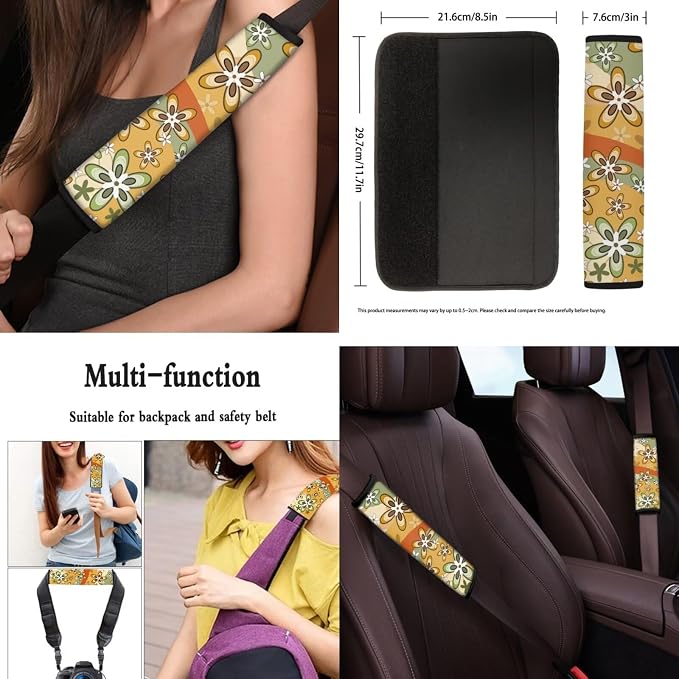 Hippie Floral Design Car Seat Cover Full Set for Women, Car Steering Wheel Cover Auto Center Console Pad Seat Belt Pads, Universal Automotive Interior Accessories Set of 8