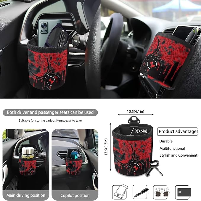 Spider Web Print 10 Pcs Car Accessories Sets Scratch-Resistant 4 Front Rear Seat Covers, 1 Steering Wheel Cover, 1 Vehicle Garbage Can, 1 Air Vent Pouch, 2 Coasters, 1 Keychain