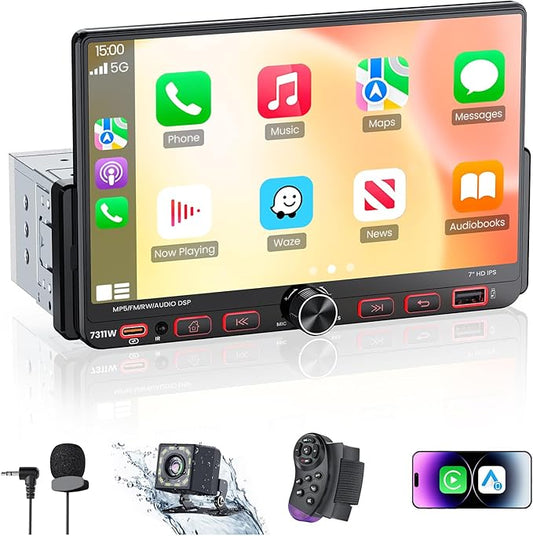 7“Single Din Radio with Apple CarPlay & Android Auto, UHD Single Din Touchscreen Car Radio, Car Stereo with 1080P Backup Camera, Mirror Link, Bluetooth 5.3, GPS, AM&FM, Fast Charging, EQ, SWC