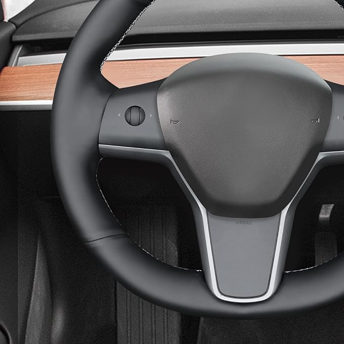MEWANT Hand Sewn Black Smooth Real Leather Steering Wheel Cover Wrap for Tesla Model Y 2020-2023 Tesla Model 3 2017-2023