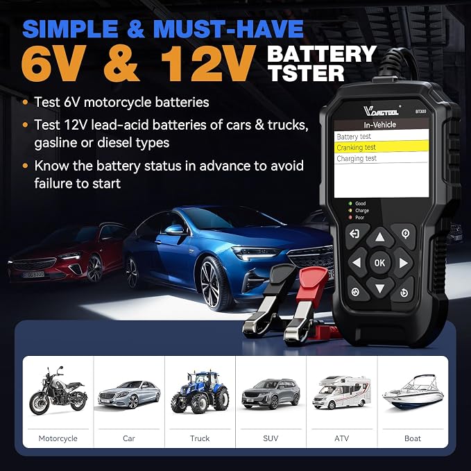 Car Battery Tester 12V 6V VDIAGTOOL BT300, 5-3000 CCA Load Tester Starter Alternator Tester Automotive Charging Cranking System Tester for Motorcycle Car Truck SUV ATV Boat
