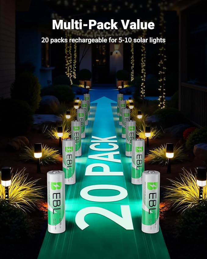 EBL 1100mAh Solar AA Batteries for Outdoor Solar Lights Garden Lights Household Devices, Pre Charged AA Rechargeable Batteries 1.2V High Performance (Pack of 20)