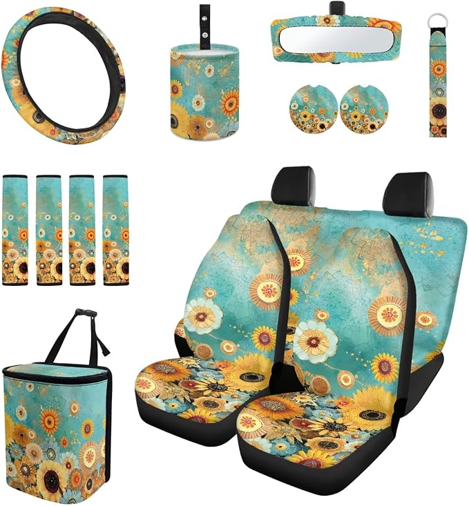 Floral 15 PCS Car Seat Cover Set with Auto Steering Wheel Cover Seat Belt Strap Protector Cup Holder Trash Bag Rear View Mirror Protector Keychain