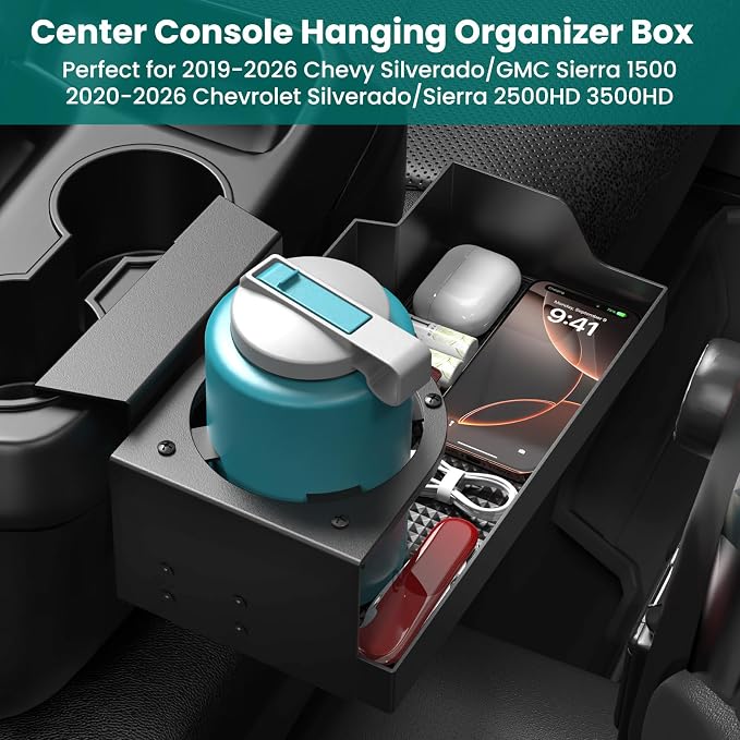Metal Jump Seat Front Hanging Organizer Box with Cup Holder Compatible with 2019-2026 Chevy Silverado/GMC Sierra 1500 and 2020-2026 Chevrolet Silverado/Sierra 2500HD 3500HD Center Console