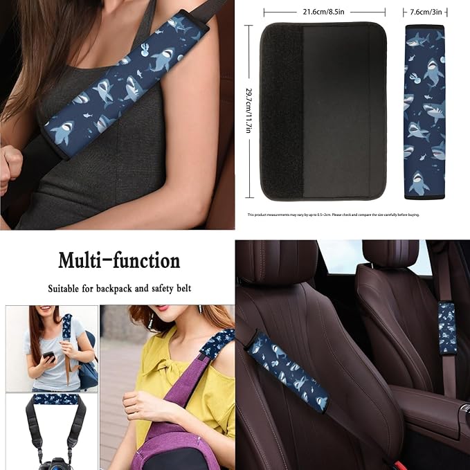 Cartoon Mini Shark 13 Pcs Seat Covers Full Set Front and Back Seat Covers Steering Wheel Cover Seatbelt Strap Cover Cup Mat Keychains(Navy Blue)