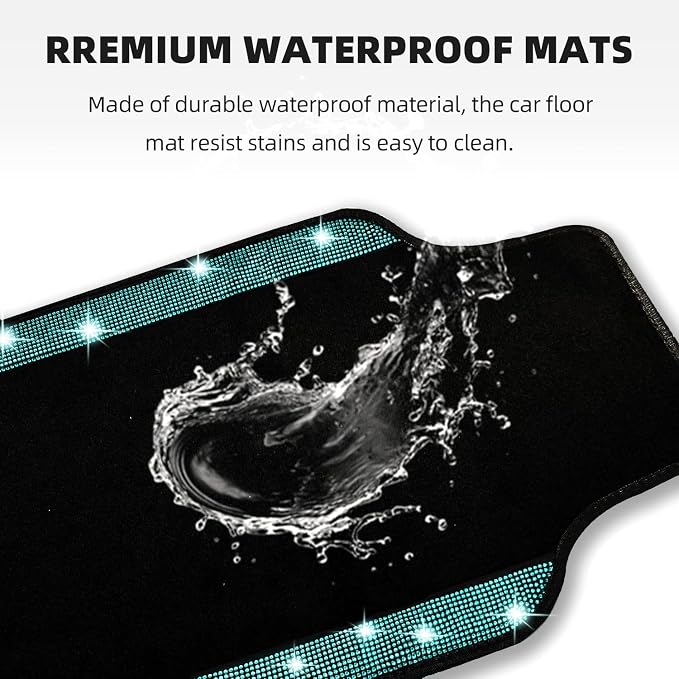 NBTEPEM Aquamrine Bling Car Floor Mats Full Set, Universal Fit Most Cars,SUV, Trucks, 4 pcs Sparkle Glitter Diamond Carpet for Women Girls with Anti-Slip Pad (Aquamarine Diamond)