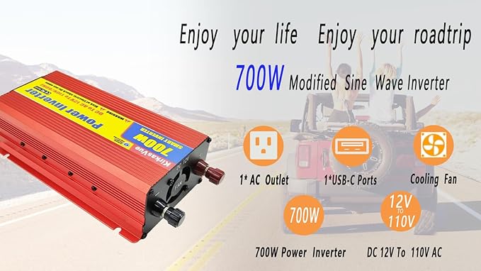 700W Power Inverter DC 12V to 110V/120V AC Car Converter with 1AC Outlet & 1 USB Port, AC Outlet for Laptop/TV, USB for Phone iPad, for Car RV Truck Camping Emergency Home Use