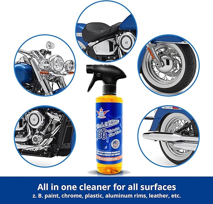 Shinykings Motorcycle Cleaner Wash&Shine 66 | WATERLESS BIke Wash with Ultra Shine Finish | Powerful Motorcycle Detailing Spray for All Surfaces | Bike Cleaner California | 16fl.oz