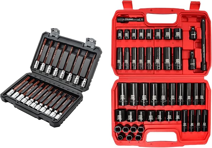 LLNDEI 19PCS 3/8-Inch Drive Extra Long Allen Hex Bit Socket Set &48PCS 3/8" Drive Impact Socket Set