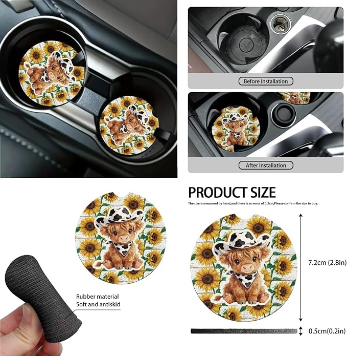 Wanyint 15 PCS Car Seat Covers Full Set with Steering Wheel Cover Seat Belt Pads Trash Bin Sunglass Pocket Rear View Mirror Protector Coasters Key Chain, Cowboy Highland Cow Sunflower