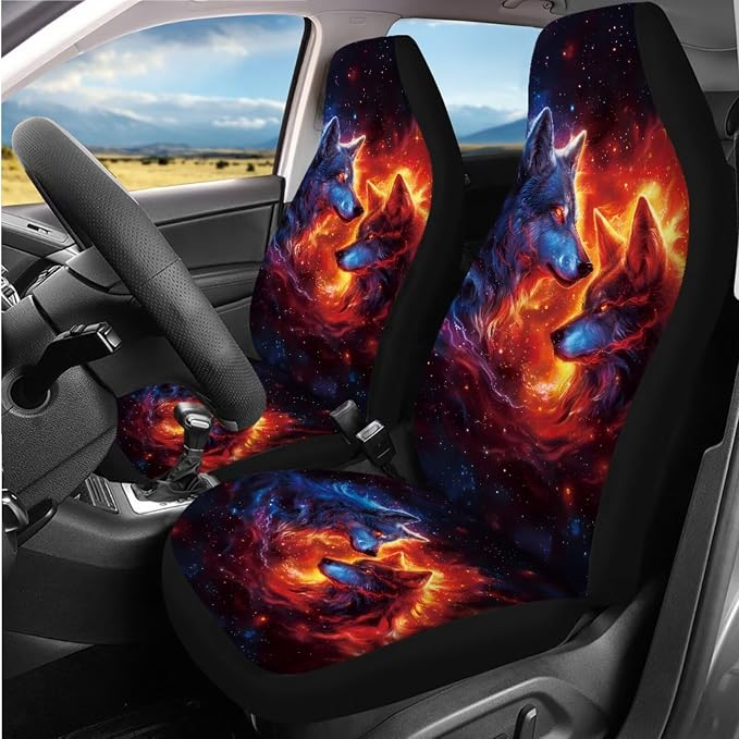 Flame Wolf Car Seat Covers Full Set, Car Steering Wheel Cover, Auto Center Console Pad, Auto Seat Belt Pads, Cool Automotive Interior Accessories Set of 8