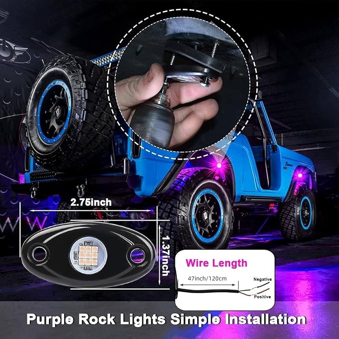 Rock Lights Pink with Light Purple 12 Pods Pure Pink LED Rock Lights IP68 Waterproof 47inch Extension Wires for Trucks UTV ATV SUV Boat Pickup Car Fender Exterior Lighting Kit