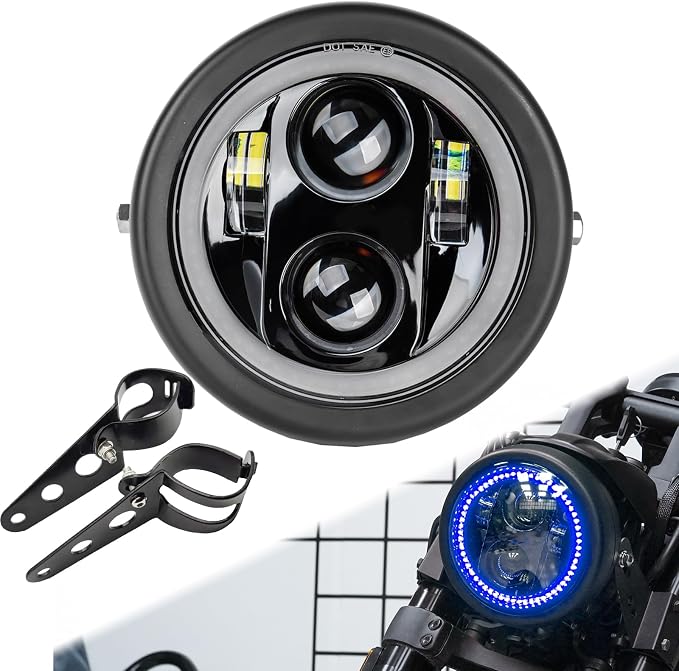 5.75inch 5-3/4 Black Motorcycle Headlight Smoked Blue Halo DRL with Matte Black Housing Bucket 32-40mm Fork Tube Side Mount Brackets Compatible with Motorbikes
