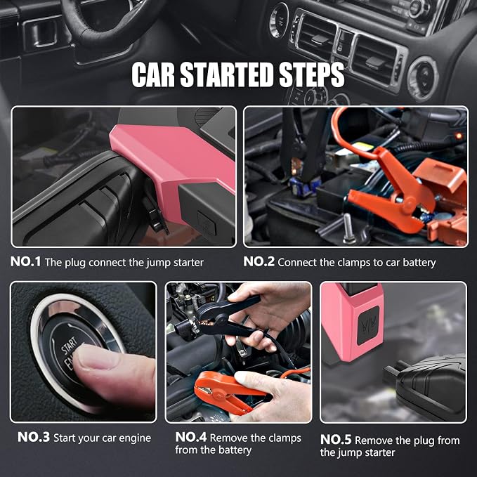 DNA Motoring TOOLS-00267 12V 1500A 15000 mAh Multi-Function Portable Car Battery Jump Starter for Up to 7.0L Gas & 5.5L Diesel Engine, with Carry Case, Pink