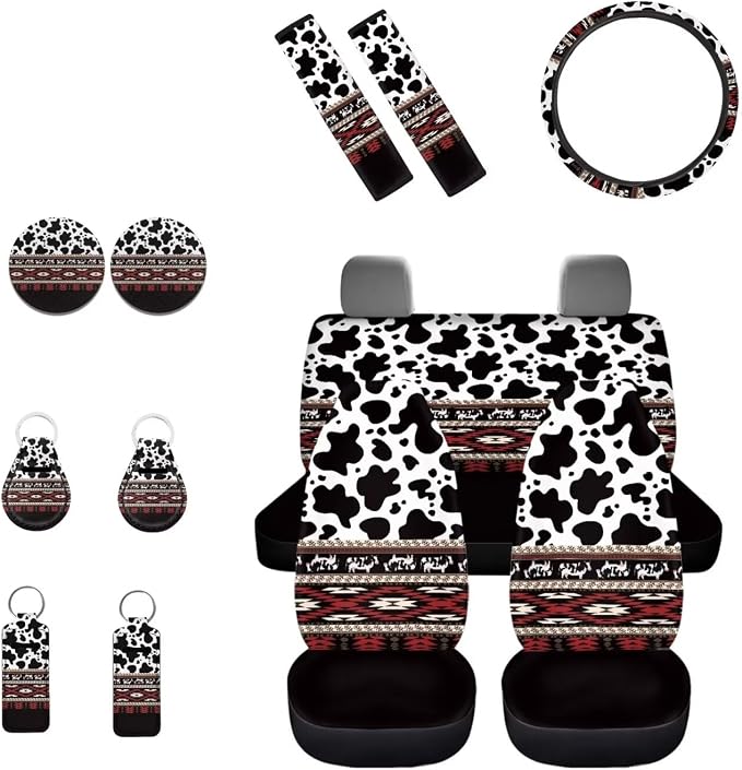 INSTANTARTS Cow Print 13 Piece Car Seat Cover Set - Southwest Africa Aztec Design - Front, Rear Cushion, Seat Belt & Steering Wheel Covers + Coaster & Keychain