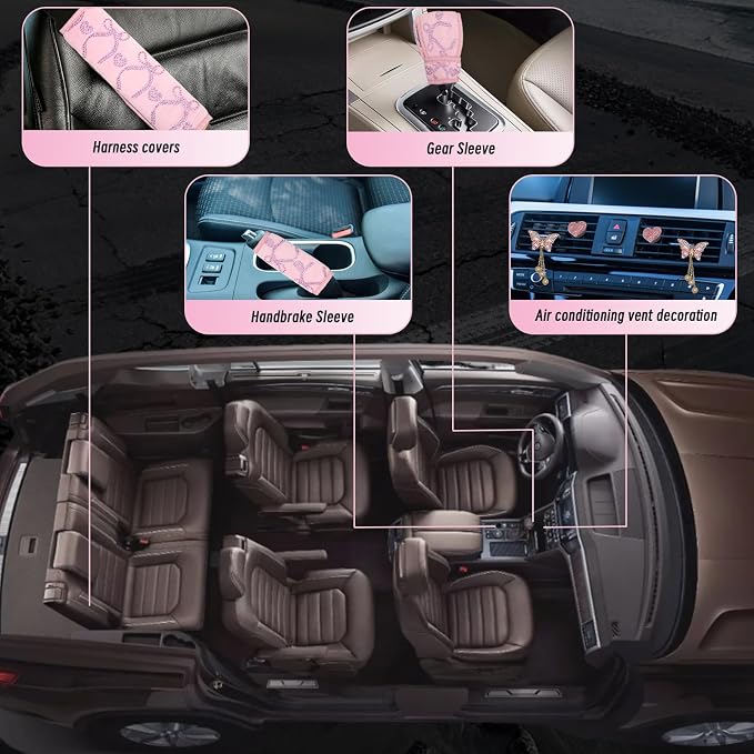 25 Pcs Butterfly Bling Women's Car Accessories Set,Universal 15 Inch Steering Wheel Cover,Bling Butterfly License Plate Frame and Car Coasters(Pink)