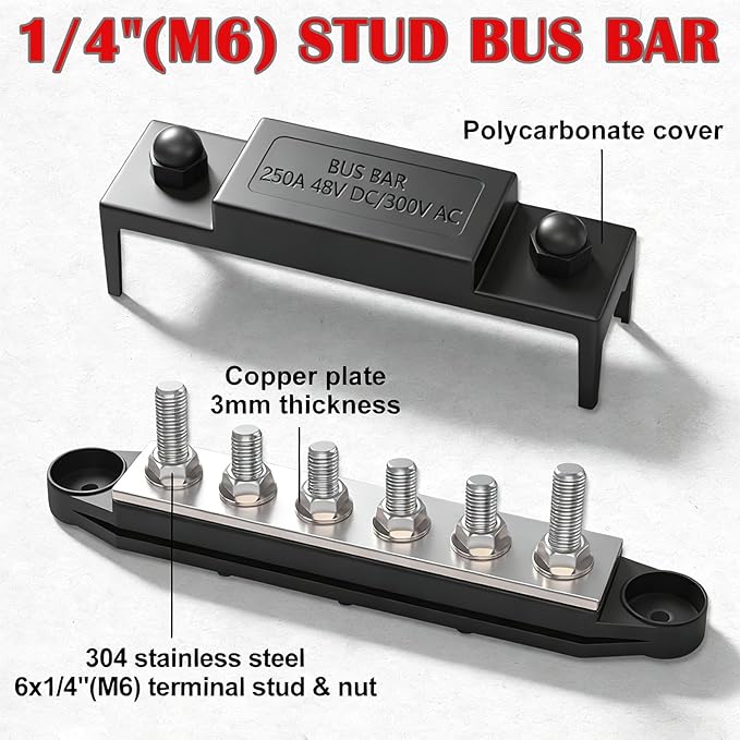 250A 12V Bus Bar Marine, 1/4" Power Distribution Block, Battery Buss Bar, Automotive Busbar Terminal Block for Car and Boat, 6 x 1/4"(M6) Studs (Black+Red)