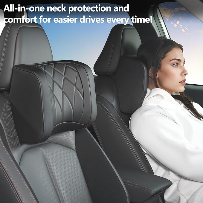 Car Headrest Pillow U-Shaped, Memory Foam Head Neck Support Cushion for Driving, Leather Head Rest Travel Pillows for Sleeping, Breathable Removable Cover, Black, 2 Pack