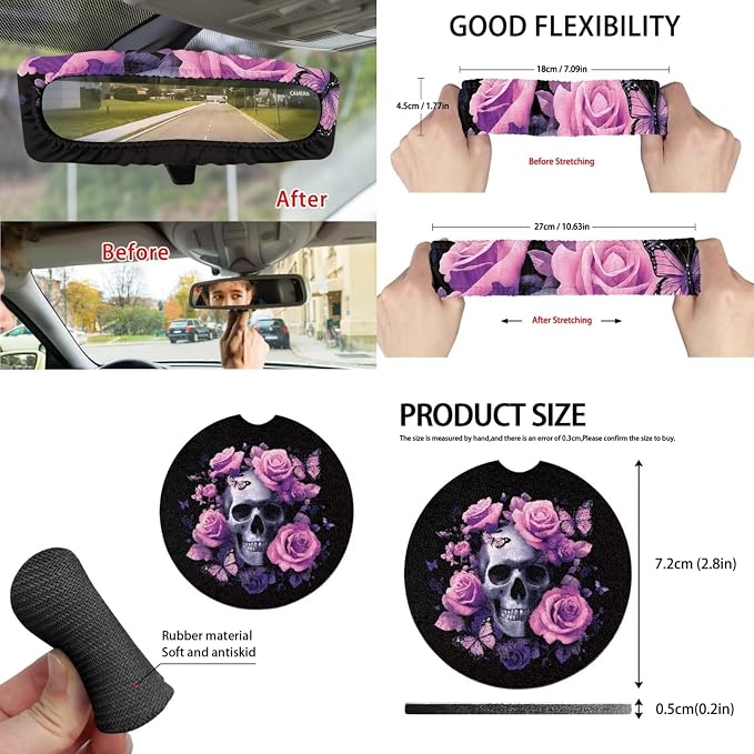 15 Pcs Pink Rose Skull Auto Interior Accessories Car Seat Covers with Auto Steering Wheel Cover Seat Belt Covers Car Trash Can View Mirror Cover Coaster Keychains