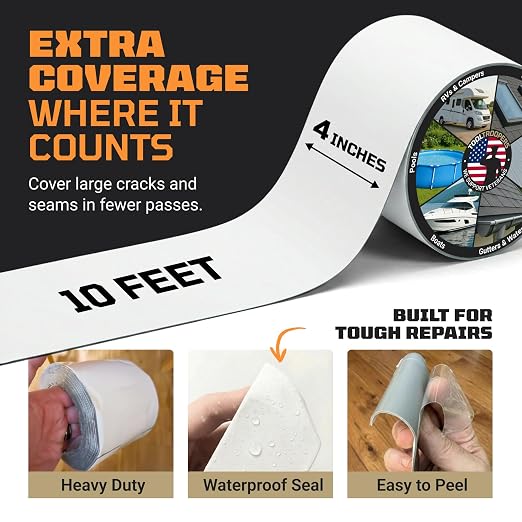 TITANPATCH PRO Waterproof Sealant Tape – White 4" x10' – Stops Leaks Fast & Stays Sealed for 15+ Years – Sticks to RVs, Roofs, Pools, Boats, Gutters – Built for Harsh Weather (-40°F to 190°F)