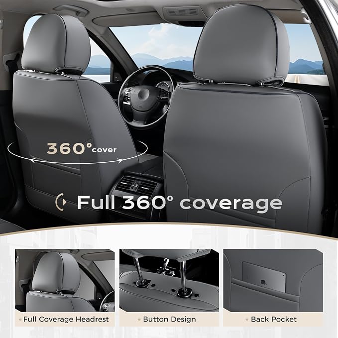 Coverado Car Seat Covers with Lumbar Support, Front Covers for Cars, Universal Automotive Seat Cover, Waterproof, Leather Car Seat Cushion, Interior Seat Protectors for Most Cars