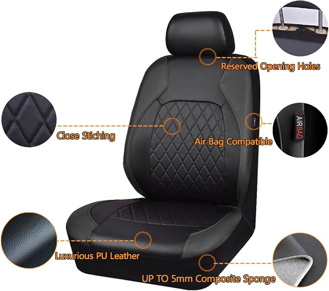 Black Deluxe Pu Luxury Vinyl Leather 3 Row 7Seats Car Seat Covers, Airbag Compatible Universal Fit for Cars, Trucks, SUV