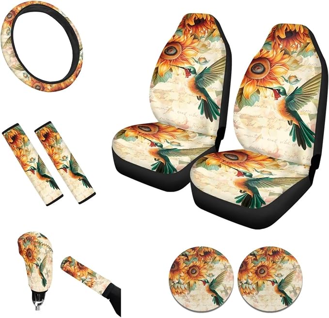 Tupalatus Universal Auto Accessories for Women,9 PCS Car Seat Covers Gear Shift Knob Cover+Car Handbrake Brake Cover+Seat Belt Shoulder Pads+Car Coaster+Steering Wheel Cover, Sunflower Hummingbird