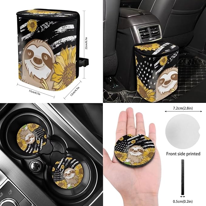 Suobstales Sloth Sunflower American Flag Print Car Accessories Set of 13, Car Front & Rear Seat Covers with Steering Wheel Cover, Seat Belt Pad, Trash Can, Rearview Mirror Cover, Coaster, Keychains