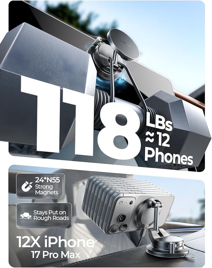 LISEN 15W Magsafe Car Mount Charger, Magnetic Wireless Car Charger, Suction Phone Mount, Vacuum Magnetic Phone Holder for Car Charger for iPhone 17 Pro Max 16 15 14 13 12, Samsung S26/S25,Pixel 10 Pro