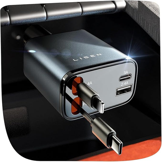 LISEN Retractable Car Charger Gift Box Edition, 84W Cars Phone Charger with Retractable Cable, Car Accessories Gifts for Men Women, 2025, USB C Fast Cars Adapter for iPhone 17 16 15 14