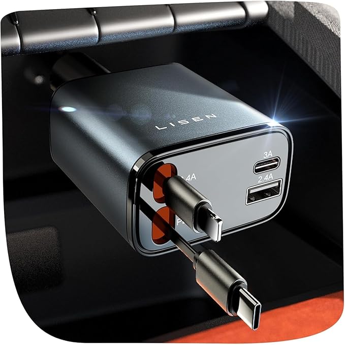 LISEN Retractable Car Charger, Gifts for Him Her, 84W Car Adapter USB C Fast Charger, Gifts for Mothers Day Travel Essentials Car Accessories for Men Women Gifts for iPhone 17 16 15 14 13 Samsung S26