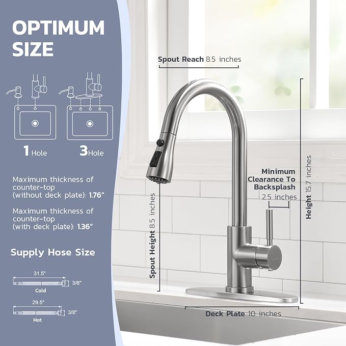 WEWE Kitchen Sink Faucet with Soap Dispenser, Kitchen Faucet with Pull Down Sprayer 3 Modes Stainless Steel Single Handle Single Hole Pull Out Brushed Nickel Faucet for Bar Laundry RV Utility Sink