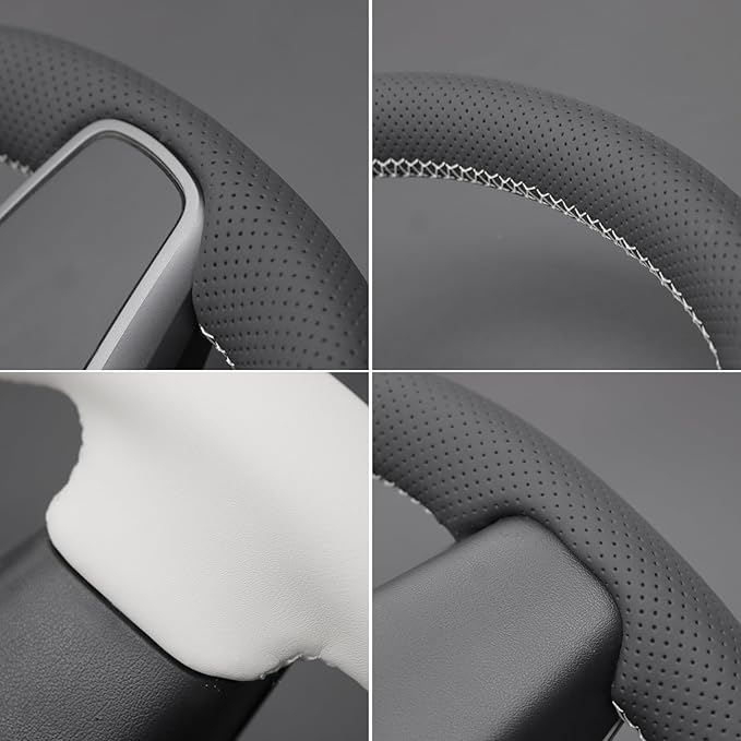 MEWANT Stitching Black White Faux Leather Steering Wheel Cover for Tesla Model Y Model 3 Steering Wheel Wrap Accessory
